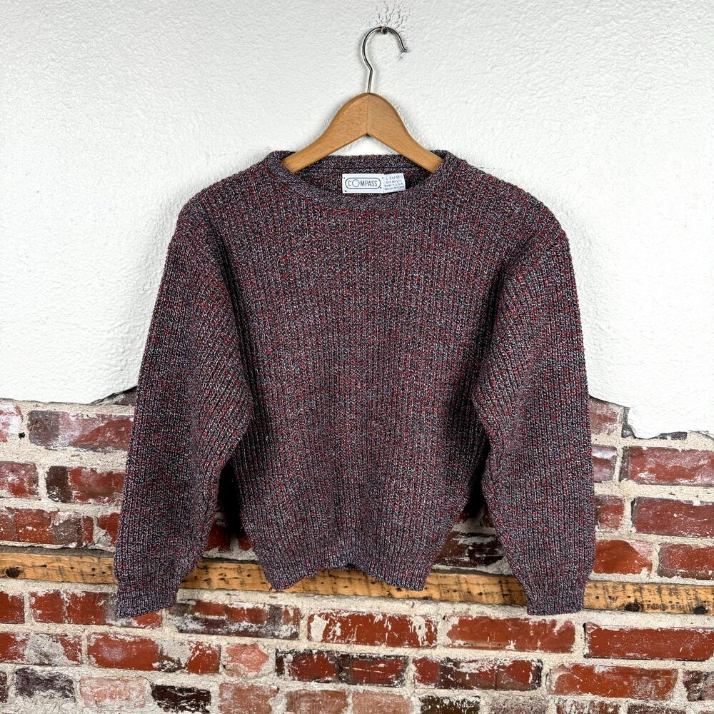 Vintage Compass Sweater Size XS Red Grey Heathered Crewneck Pullover USA 90s